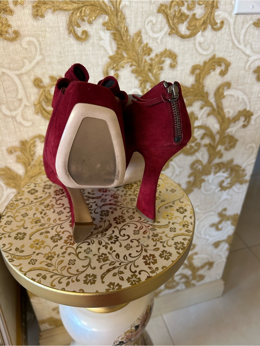 Miu Miu Burgundy Suede Peep-Toe Platform Heels with Bow - Picture 7 of 7